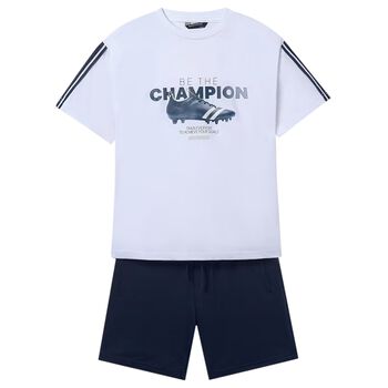 Boys White & Navy Blue Shorts Set