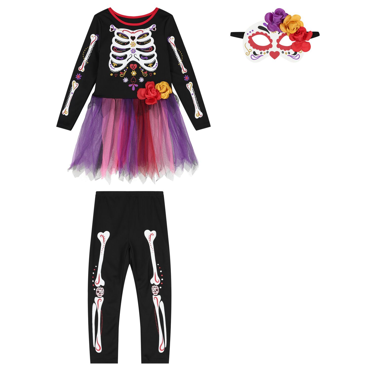 Girls Black Halloween Dia De Los Muertos Costume, 1, hi-res image number null