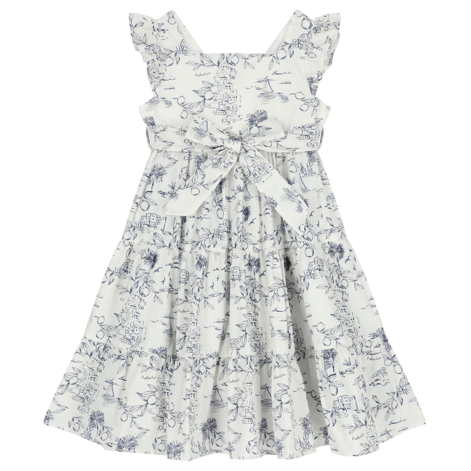 Girls White & Navy Blue Bow Dress, 1, hi-res