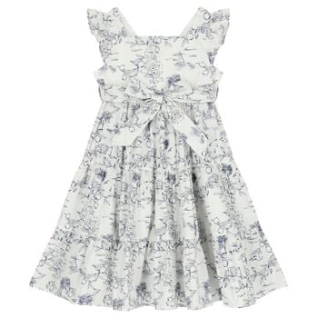 Girls White & Navy Blue Bow Dress