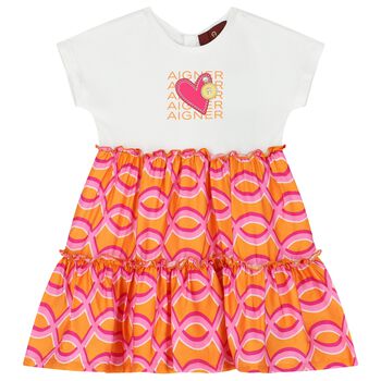 Younger Girls White & Orange Logo Dress
