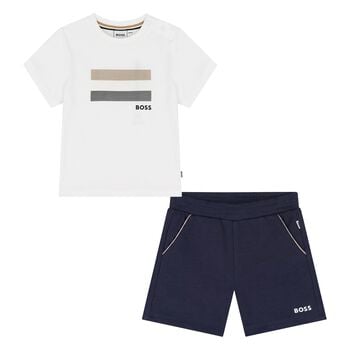Younger Boys Mini Me Navy Blue & White Logo Shorts Set