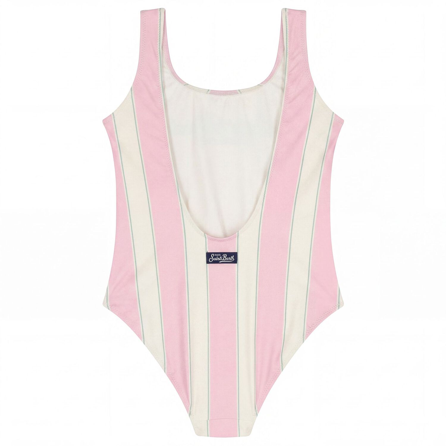 Girls Pink & Ivory Striped Logo Swimsuit, 1, hi-res