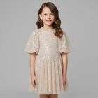 Girls Beige Sequin Tulle Dress , 1, hi-res