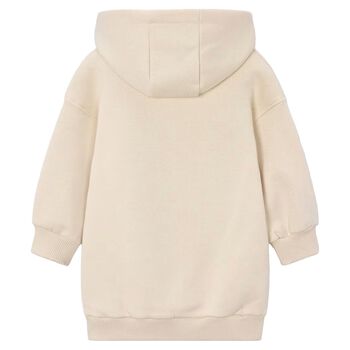 Girls Beige Embellished Cherry Hooded Sweatshirt Dress