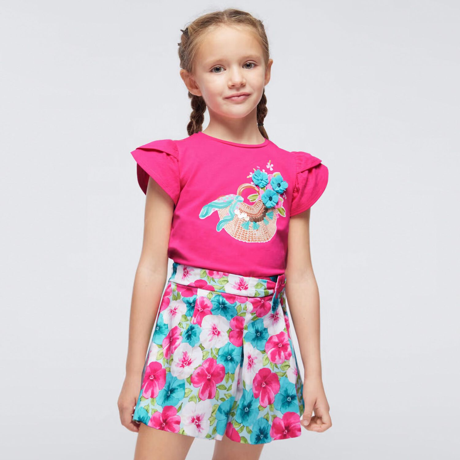 شورت بنات بطبعة الزهور باللون الأزرق والوردي, 2, hi-res image number null