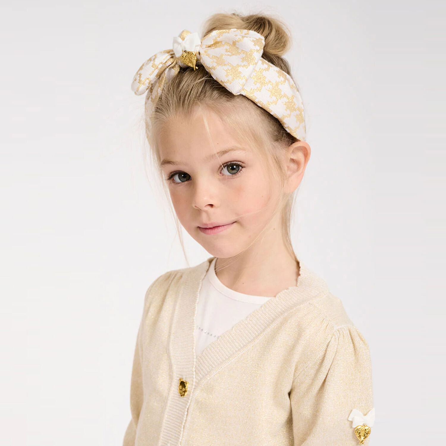 Girls Ivory & Gold Bow Headband, 11, hi-res image number null