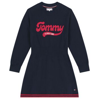 فستان بنات محبوك بالشعار باللون الكحلى