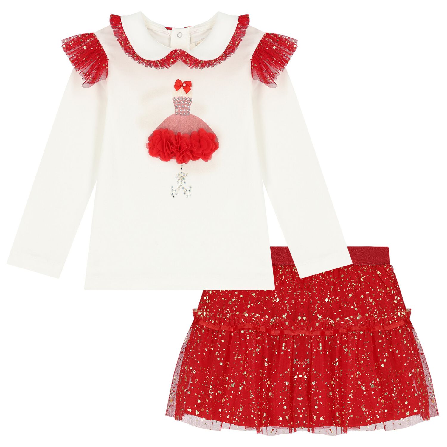 Girls White & Red Tulle Skirt Set, 1, hi-res image number null