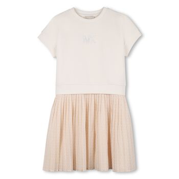 Girls Beige Logo Pleated Dress