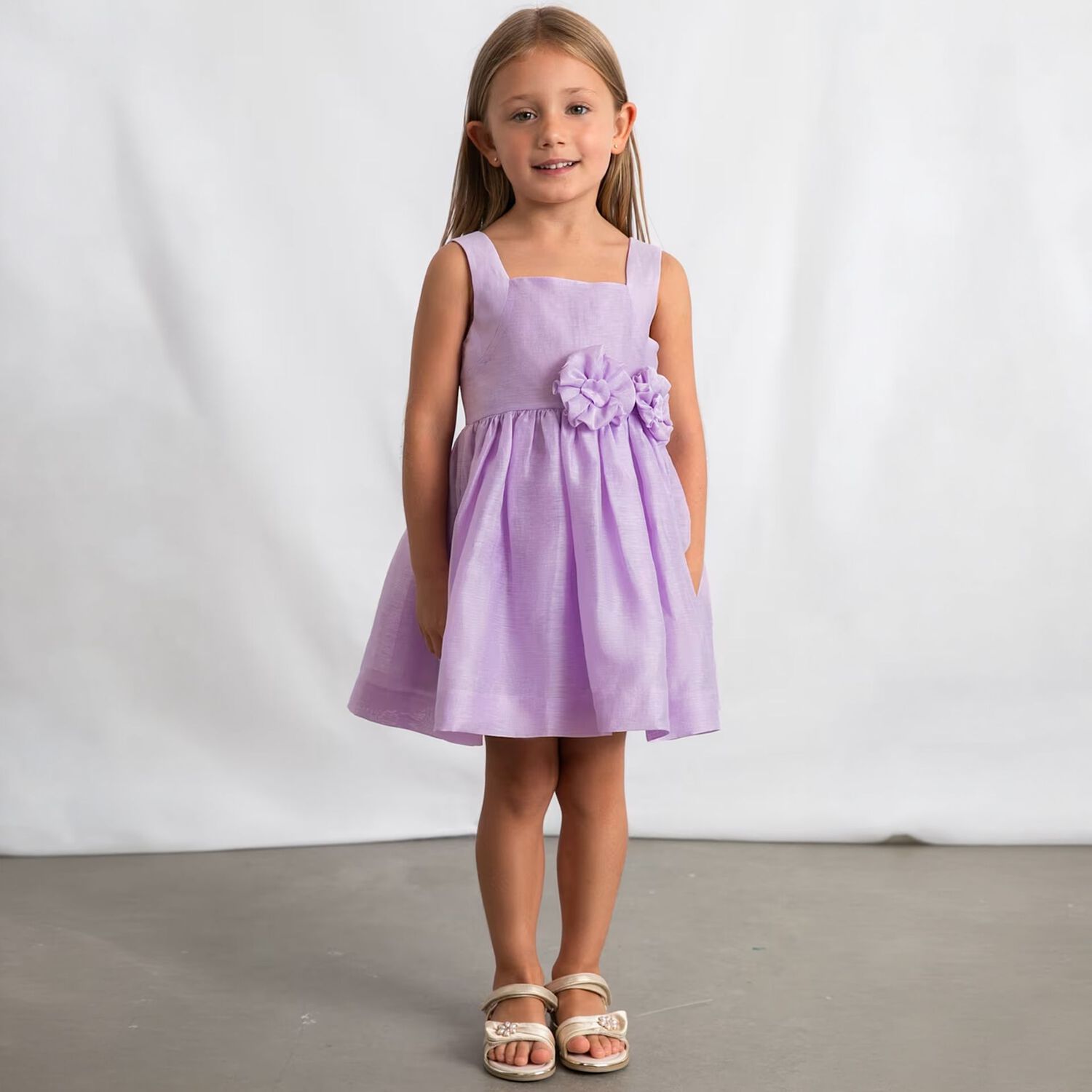 Girls Lilac Flower Linen Dress, 2, hi-res
