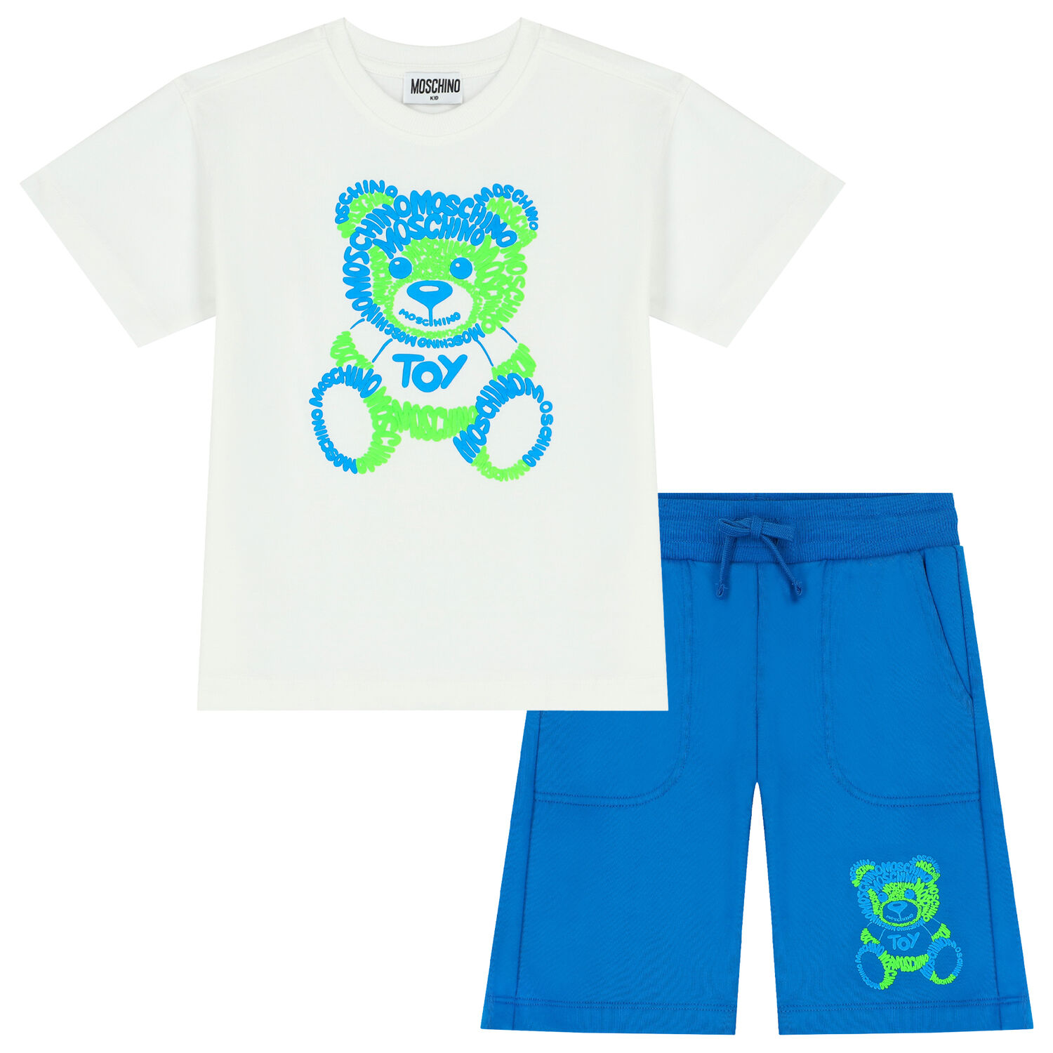 Boys White & Blue Teddy Logo Shorts Set, 1, hi-res