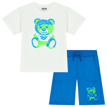 Boys White & Blue Teddy Bear Logo Shorts Set