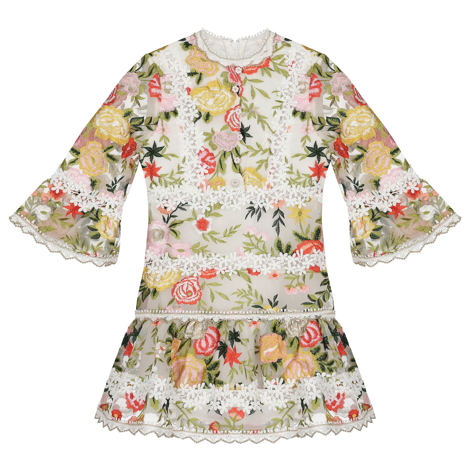 Girls White & Green Embroidered Floral Dress, 1, hi-res