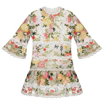 Girls White & Green Embroidered Floral Dress
