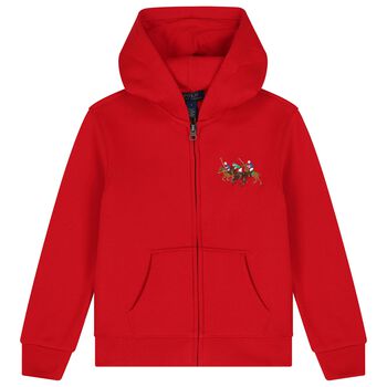 Boys Red Logo Hooded Zip Up Top