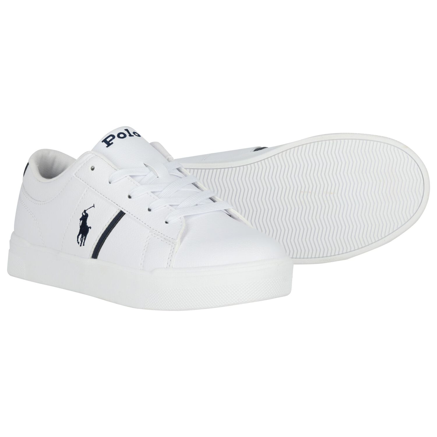 Boys White & Navy Blue Logo Trainers, 1, hi-res