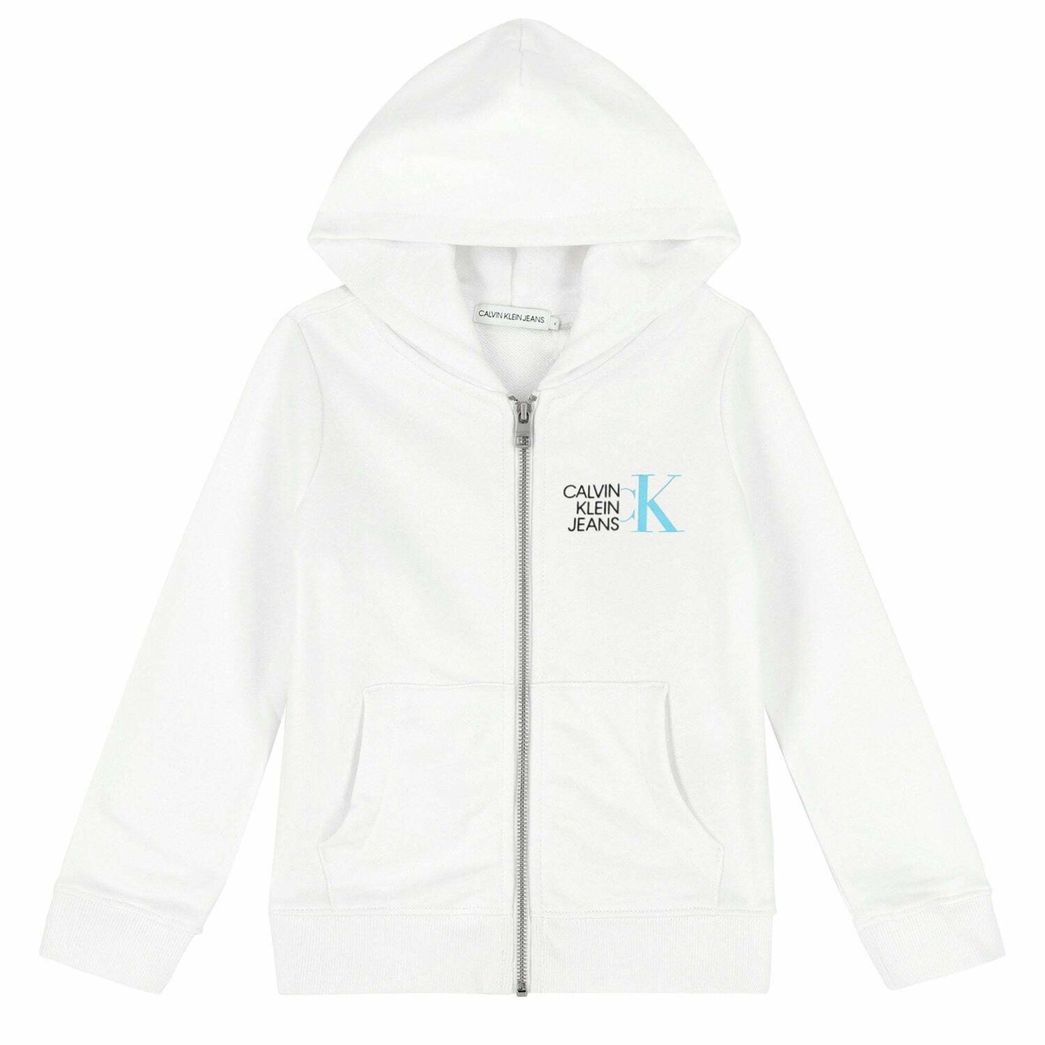 Boys White Logo Zip Up Hooded Top, 1, hi-res