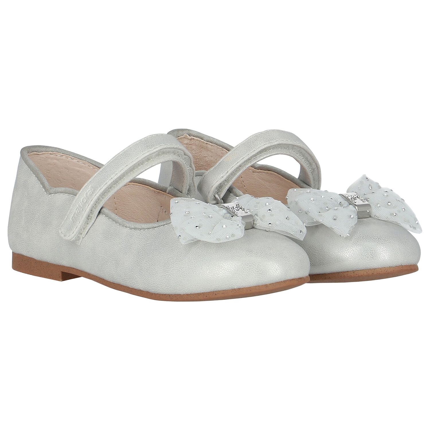 Girls Silver Bow Shoes, 2, hi-res