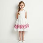 Girls White Floral Pleated Dress , 1, hi-res