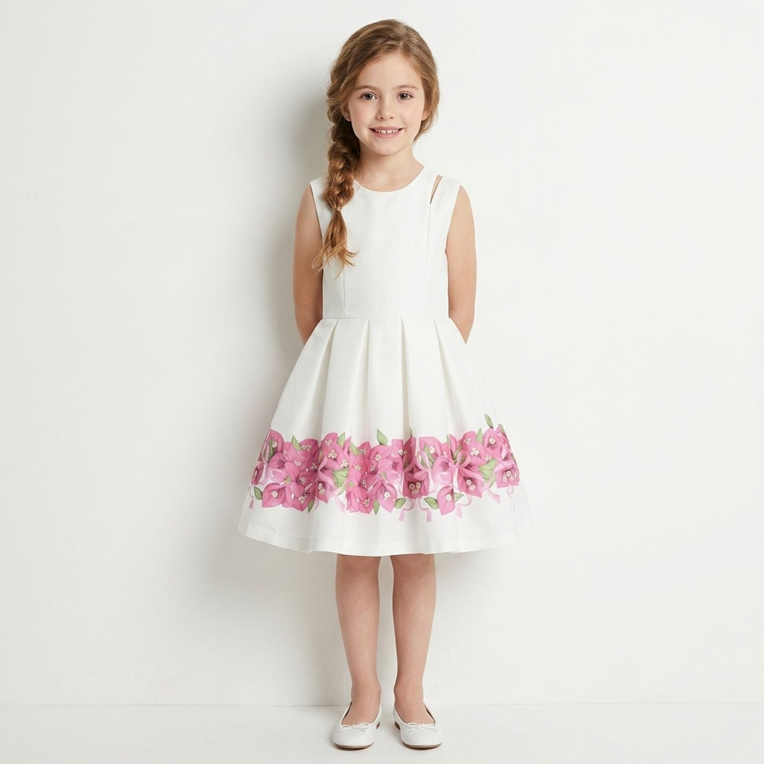 Girls White Floral Pleated Dress , 1, hi-res
