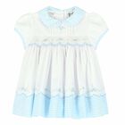 Baby Girls White & Blue Embroidered Dress, 1, hi-res
