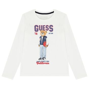 Boys White Teddy Bear Logo Long Sleeve Top