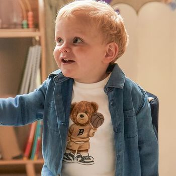 توب اولاد باكمام طويله بطبعه تيدى بير باللون الابيض 