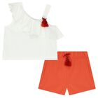 Girls White & Orange Shorts Set, 1, hi-res