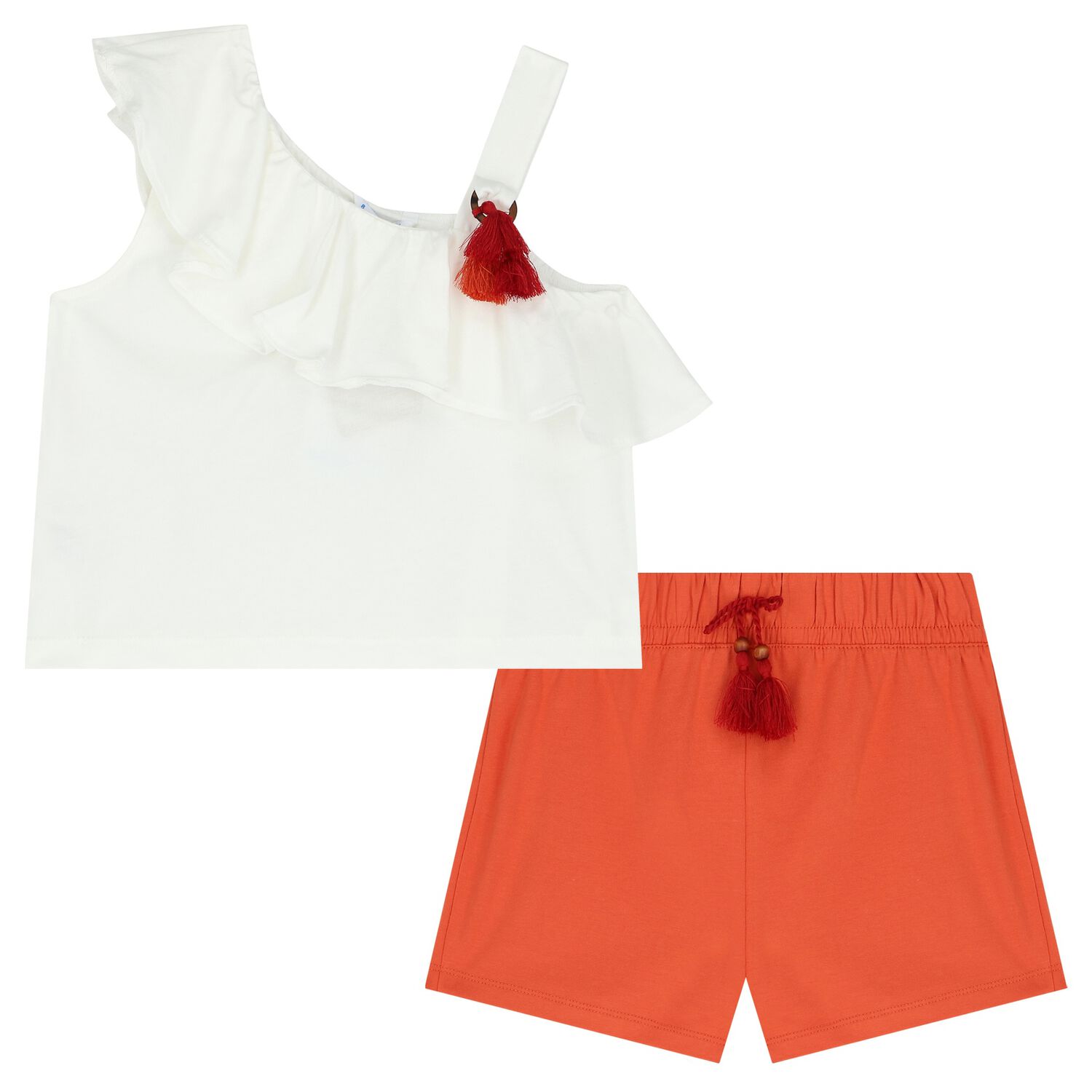 Girls White & Orange Shorts Set, 1, hi-res