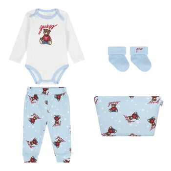 Baby Boys Blue & White Teddy Bear Logo Bodysuit Set