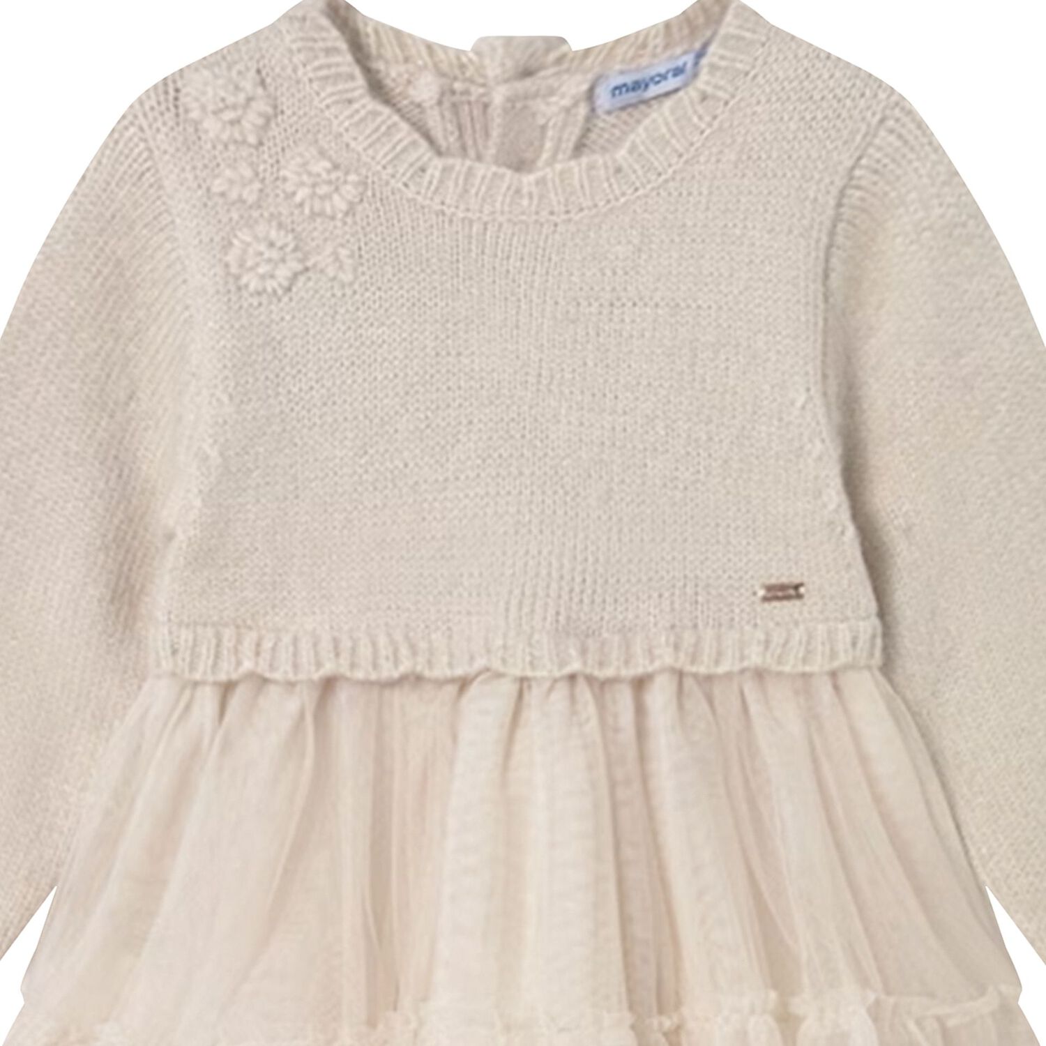 Younger Girls Beige Knitted & Tulle Dress, 2, hi-res image number null