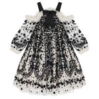 Girls Black & Beige Floral Off-Shoulder Dress, 1, hi-res