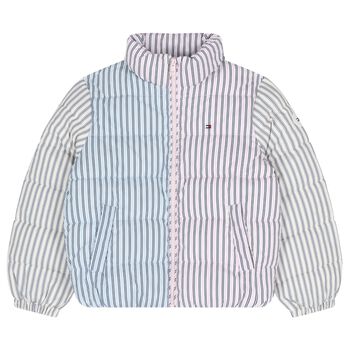 Girls Pink & Blue Stripe Puffer Jacket