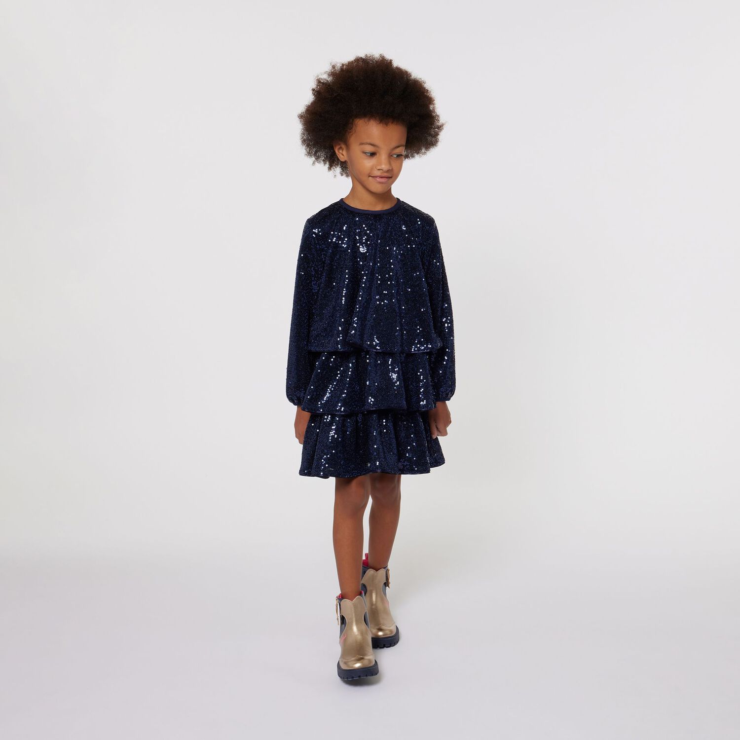 Girls Navy Blue Embellished Sequin Dress, 1, hi-res