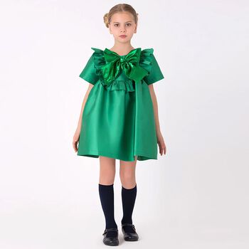 Girls Green Bow Satin Dress