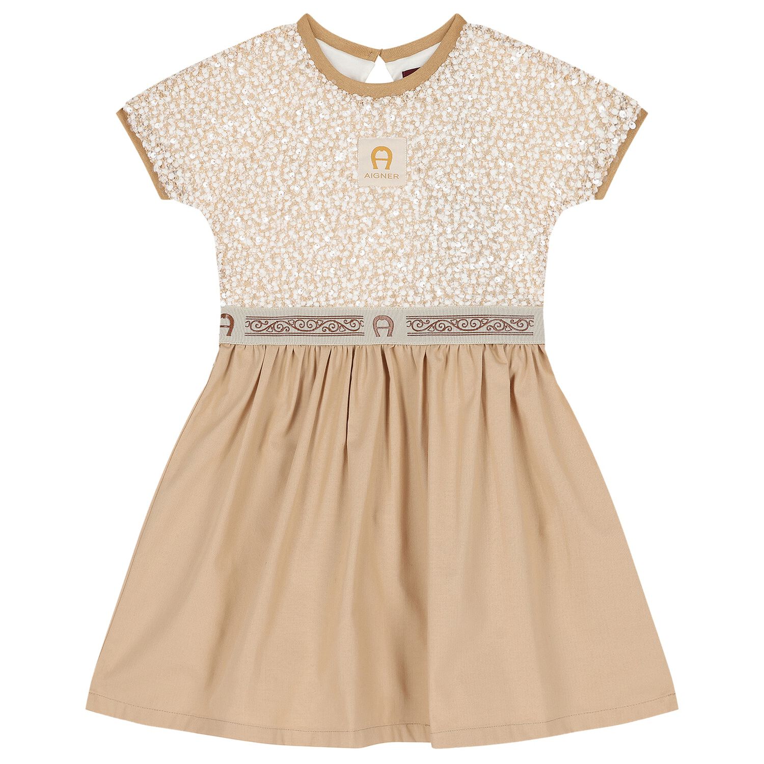 Girls Beige Lacy Knit Sequin Dress, 1, hi-res