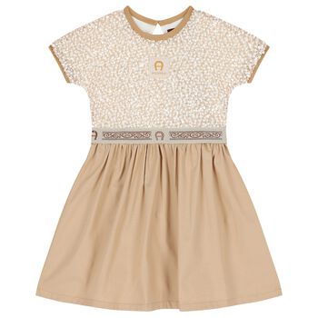 Girls Beige Lacy Knit Sequin Dress