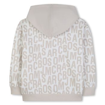 Boys White & Beige Logo Hooded Zip Up Top