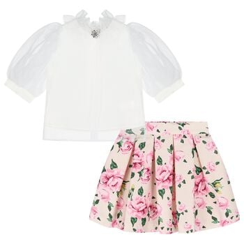 Girls White & Pink Floral Skirt Set