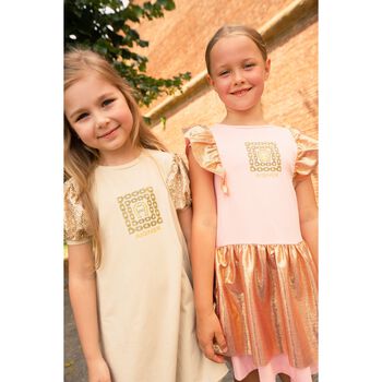 Girls Ivory & Gold Logo Dress