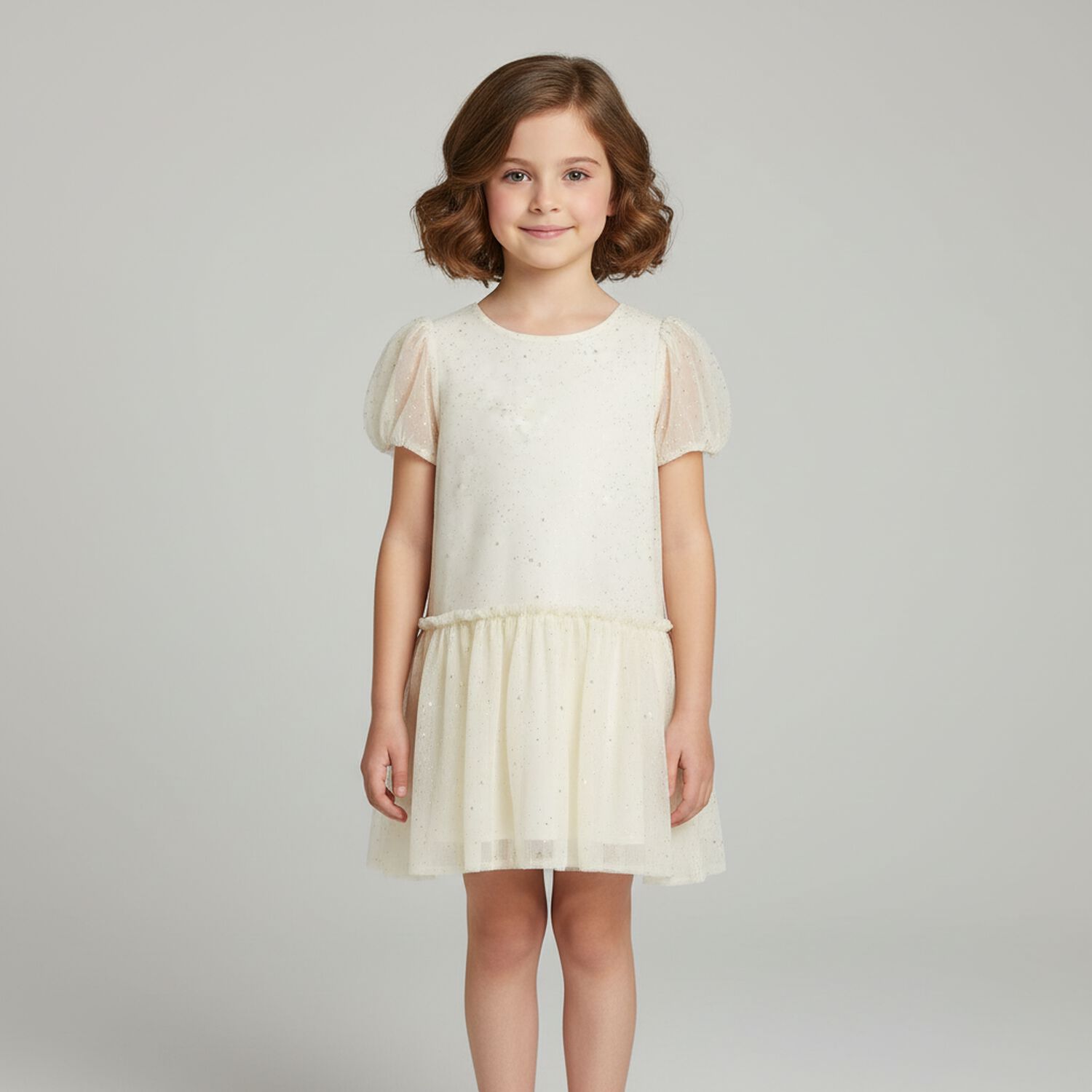 Girls Ivory & Gold Stars Chiffon Dress, 1, hi-res