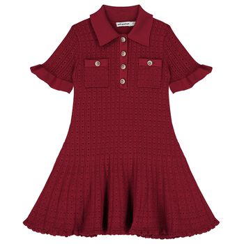 Girls Burgundy Red Pointelle Knitted Dress