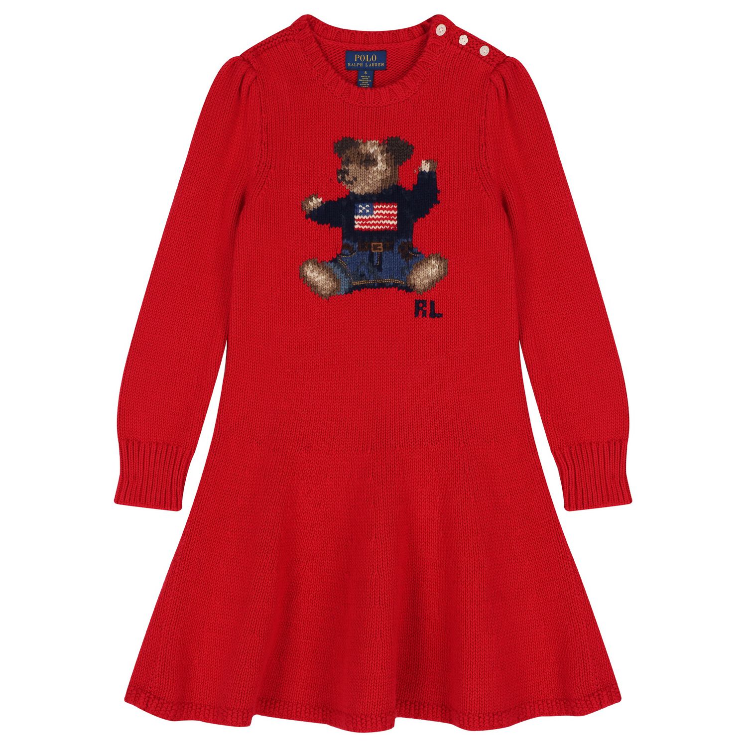 Girls Red Polo Bear Knitted Dress, 1, hi-res image number null