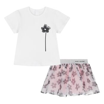 Younger Girls White & Pink Flower Skirt Set