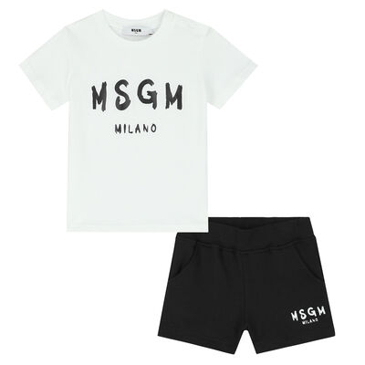 White & Black Logo Baby Shorts Set