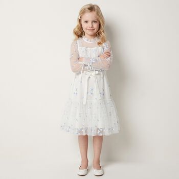 Girls White & Blue Floral Tulle Dress 