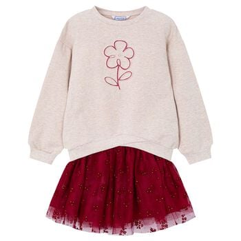 Girls Beige & Red Flower Skirt Set