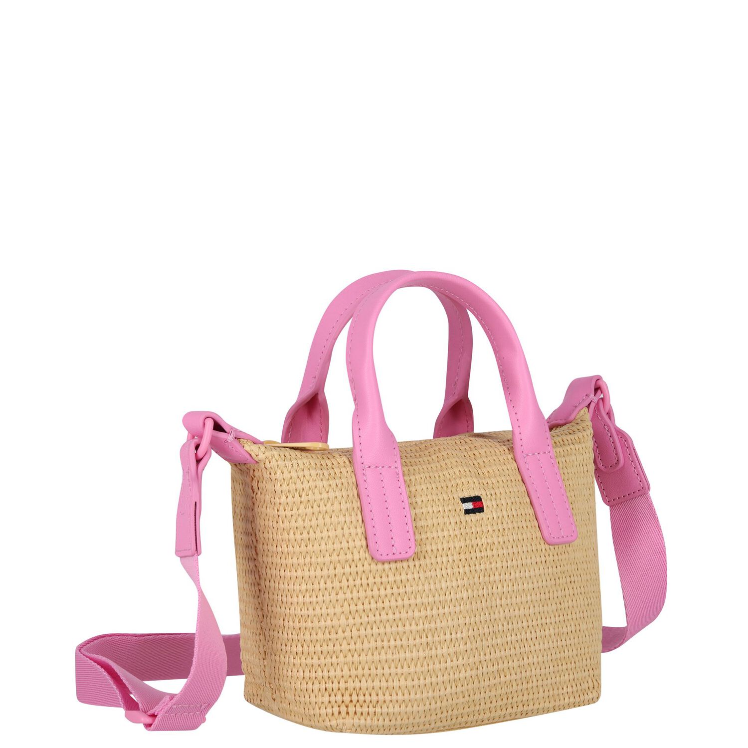 Girls Pink & Beige Raffia Logo Hand Bag ( 20cm ), 1, hi-res
