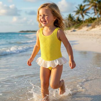 بدلة سباحة بتصميم مجعد ومكشكش باللون الأصفر للبنات